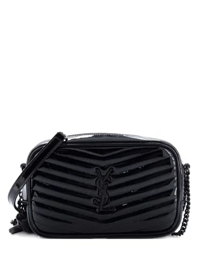 Pre-owned Saint Laurent Lou Camera Bag Matelasse Chevron Patent Mini Crossbody Bag In Black