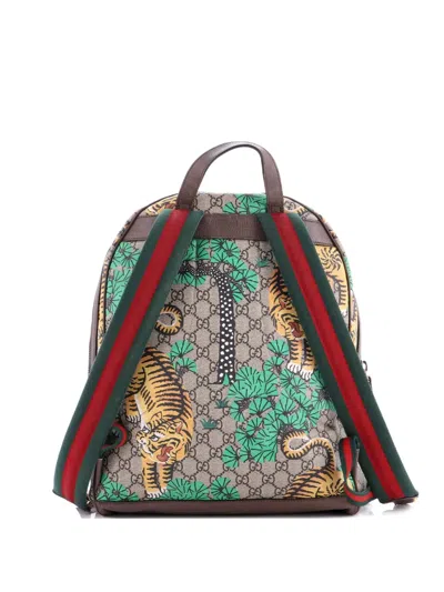 Pre-owned Gucci Zip Pocket Bengal Print Gg Coated Canvas Medium Backpack In Brown
