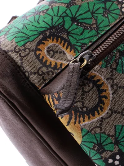 Pre-owned Gucci Zip Pocket Bengal Print Gg Coated Canvas Medium Backpack In Brown