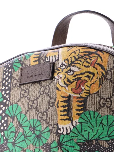 Pre-owned Gucci Zip Pocket Bengal Print Gg Coated Canvas Medium Backpack In Brown