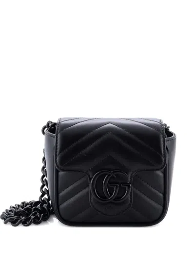 Pre-owned Gucci Gg Marmont Flap Matelasse Leather Mini Belt Bag In Black