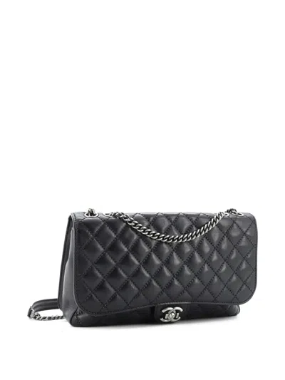 Pre-owned Chanel Cc Push Lock Flap Bag Stitched Calfskin Jumbo Shoulder Bag In Black