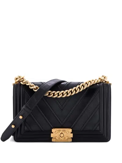 Pre-owned Chanel Boy Flap Bag Chevron Caviar And Calfskin Old Medium Crossbody Bag In Black
