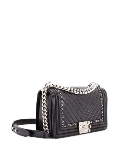 Pre-owned Chanel Jacket Boy Flap Bag Chevron Calfskin Old Medium Shoulder Bag In Black