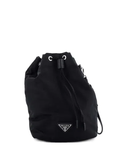 Pre-owned Prada Drawstring Wristlet Tessuto Small Bucket Bag In Black