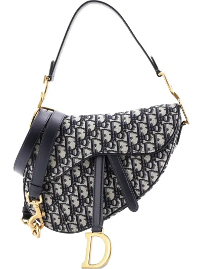 Pre-owned Dior Saddle Handbag With Strap Oblique Canvas Medium Shoulder Bag In Blue