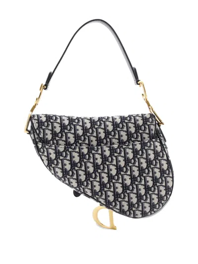 Pre-owned Dior Saddle Handbag With Strap Oblique Canvas Medium Shoulder Bag In Blue