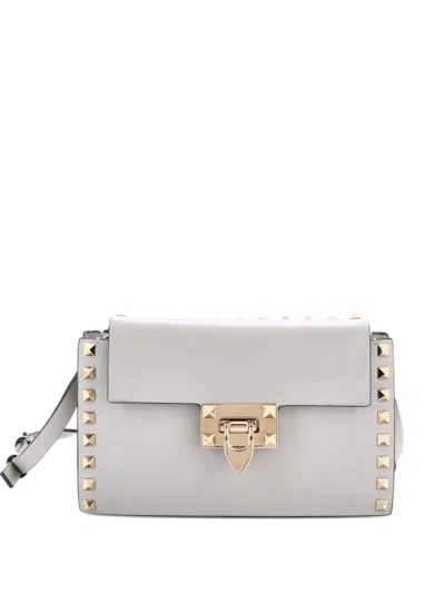Pre-owned Valentino Garavani Rockstud Flip Lock Flap Bag Leather Small Shoulder Bag In Gray