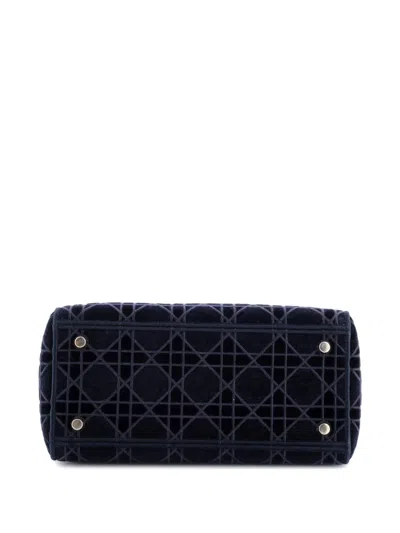 Pre-owned Dior Lady D-lite Bag Cannage Embroidered Velvet Medium Tote Bag In Blue