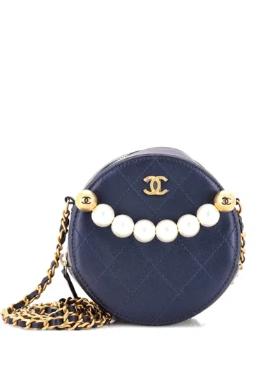 Pre-owned Chanel Chic Pearls Round Clutch With Chain Quilted Lambskin Crossbody Bag In Blue