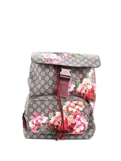 Pre-owned Gucci Buckle Blooms Print Gg Coated Canvas Medium Backpack In Brown