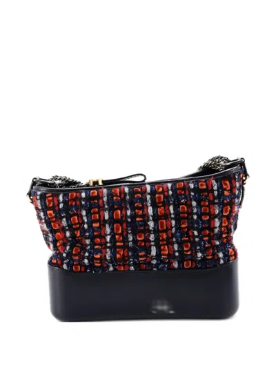 Pre-owned Chanel Gabrielle Quilted Tweed And Calfskin Medium Hobo Bag In Blue