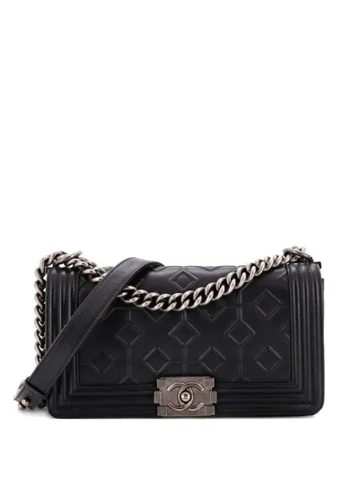 Pre-owned Chanel Arabesque Boy Flap Bag Embossed Calfskin Old Medium Shoulder Bag In Black
