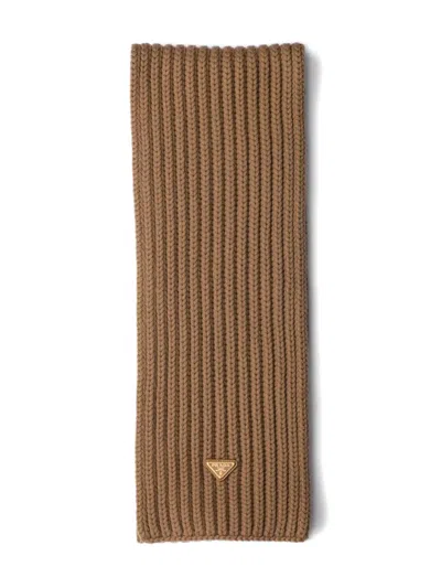 Prada Enameled Triangle Knit Scarf In Brown