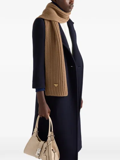 Prada Enameled Triangle Knit Scarf In Brown