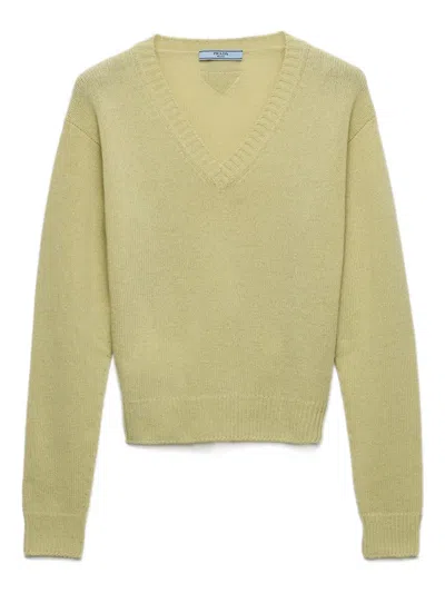 Prada V-neck Ribbed Sweater In Green