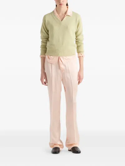 Prada V-neck Ribbed Sweater In Green