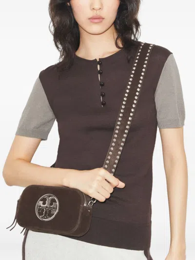 Tory Burch Mini Miller Logo-studded Suede Crossbody Bag In Brown
