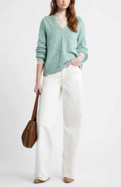 Treasure & Bond Oversize Pointelle V-neck Sweater In Green