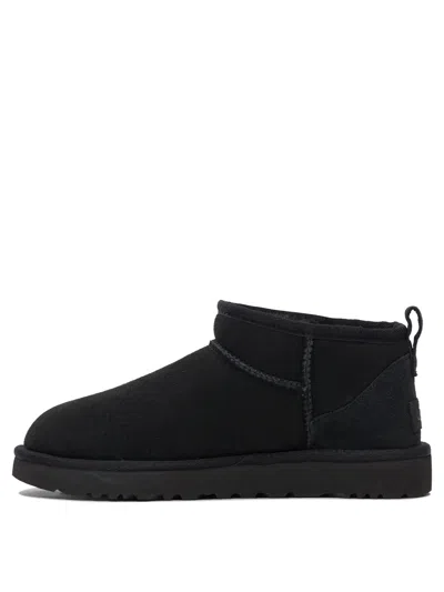 Ugg Classic Ultra Mini Black Ankle Boots With Shearling Lining In Leather Woman In Black