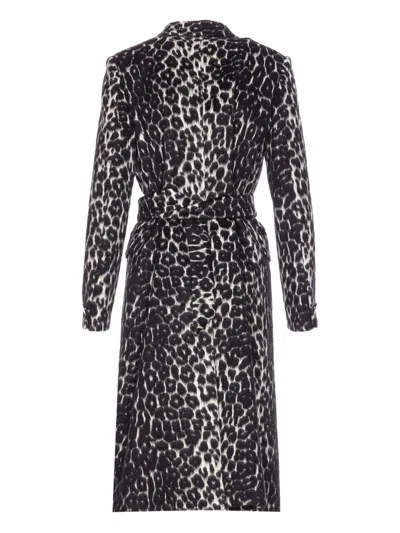 Tagliatore Long Leopard Print Coat With Belted Waist In Black