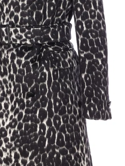 Tagliatore Long Leopard Print Coat With Belted Waist In Black