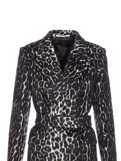 Tagliatore Long Leopard Print Coat With Belted Waist In Black