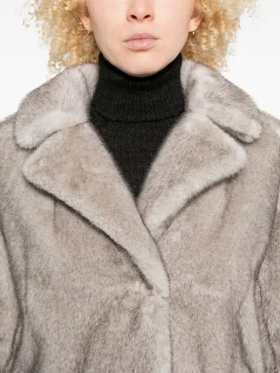 Herno Long Faux Fur Coat With Classic Collar And Button Closure In Neutral