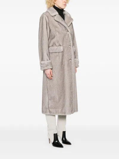 Herno Long Faux Fur Coat With Classic Collar And Button Closure In Neutral