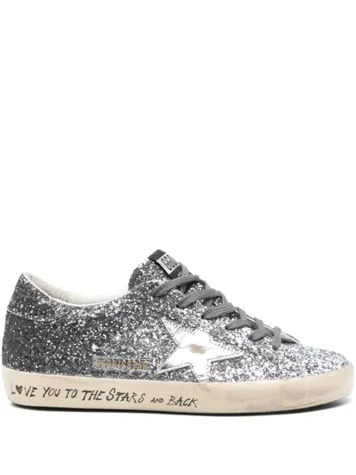 Golden Goose Super Star Glitter Sneakers In Silver And Black Color In Gray