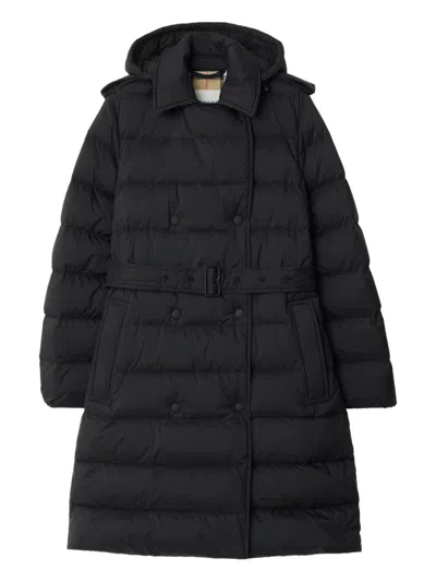 Burberry Quilted Hooded Double-breasted Belted Jacket In Black
