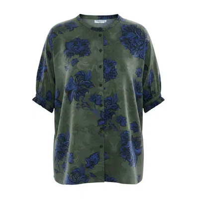 Haris Cotton Women's Green / Blue Printed Satin Ecovero Viscose Shirt With Three Quarters Sleeves Emerald Floral In Green
