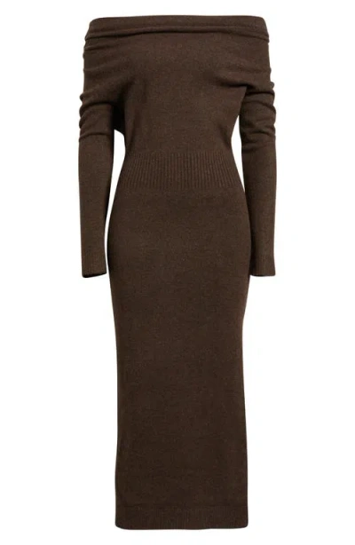 Astr The Label Jada Asymmetric Off The Shoulder Long Sleeve Midi Dress In Brown