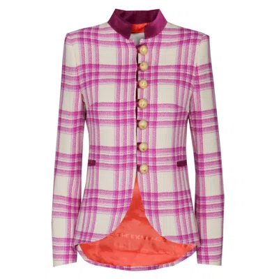 The Extreme Collection Women's Neutrals / Pink Checked Wool Ivory Frock Coat  Raspberry In Pink