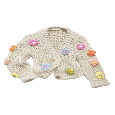 Saachi Women's Brown Appliqué Knit Floral Blanched Almond Cardigan With Buttons In Neutral