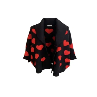 Saachi Women's Red / Black Heart Ribbed Knit Red & Black Cardigan In Black