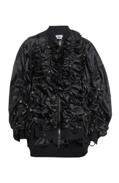 Noir Kei Ninomiya Drawcord Ruffle Twill Bomber Jacket In Black
