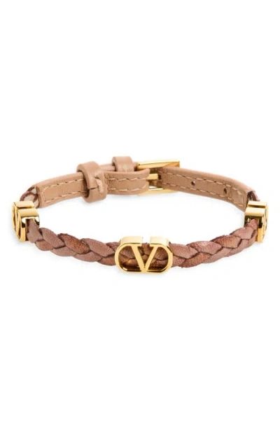 Valentino Garavani Vlogo Braided Leather Bracelet In Brown