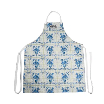 Virtue Black / White Floral Tile Cotton Apron In Blue