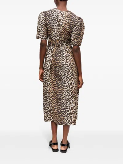 Ganni Organic Cotton Midi Dress In Animal Print