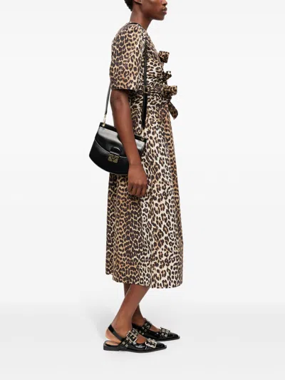 Ganni Organic Cotton Midi Dress In Animal Print