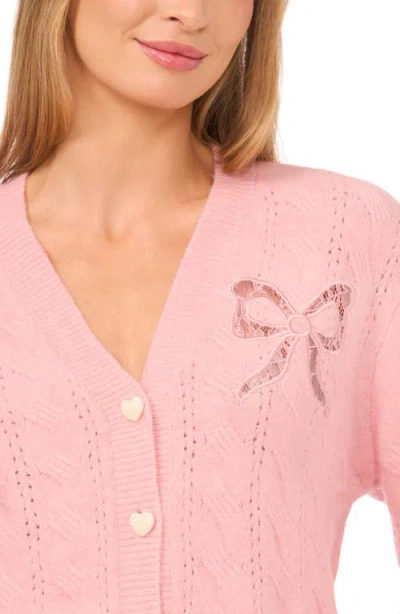 Cece Pointelle Stitch Lace Bow Cardigan In Pink