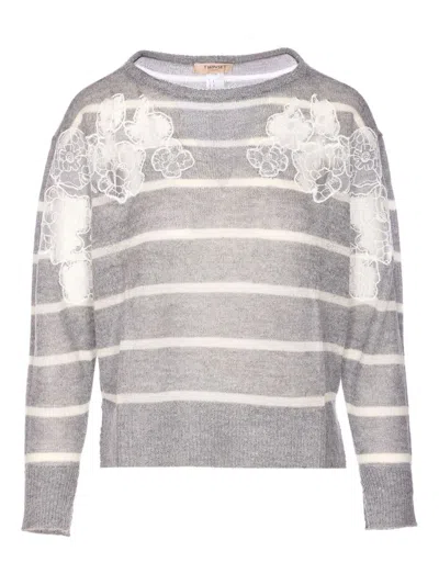 Twinset Twin-set Relaxed Grey Knit Sweater With Floral Embroidery In Gray