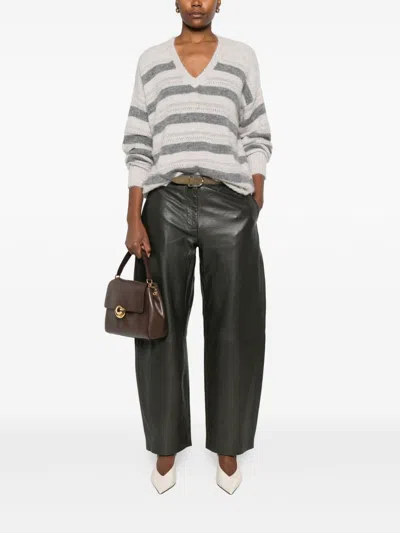 Twinset Horizontal Striped Knit Sweater With V-neckline In Gray
