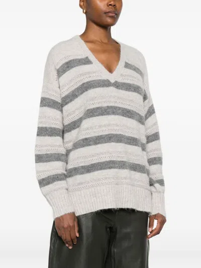 Twinset Horizontal Striped Knit Sweater With V-neckline In Gray