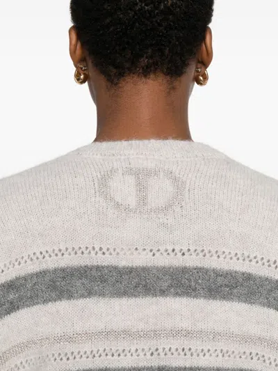 Twinset Horizontal Striped Knit Sweater With V-neckline In Gray