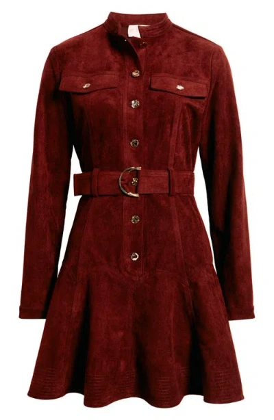 Ciebon Laurie Long Sleeve Belted Faux Suede Shirtdress In Red