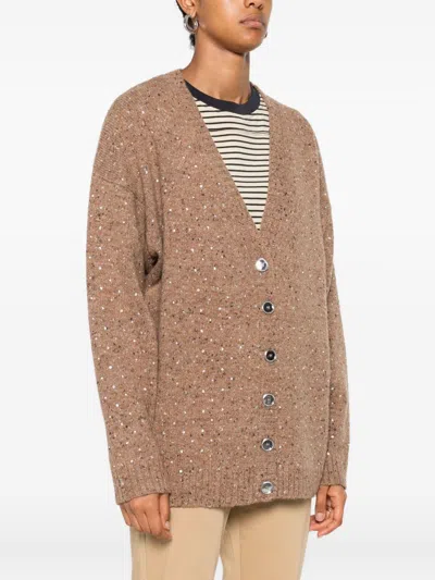 Pinko Bouclé Fabric Cardigan With Rhinestones In Brown