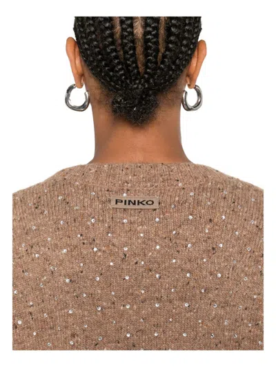 Pinko Bouclé Fabric Cardigan With Rhinestones In Brown