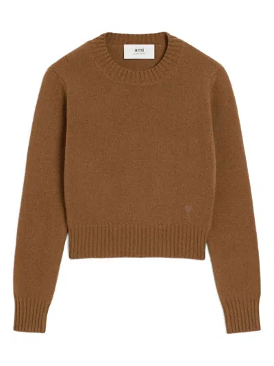 Ami Alexandre Mattiussi Cropped Brown Cashmere Blend Sweater With Heart Detail
